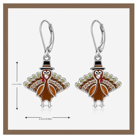 Cute Thanksgiving Turkey Drop Crystal & Enamel Earrings Silver Tone - Picture 2 of 2
